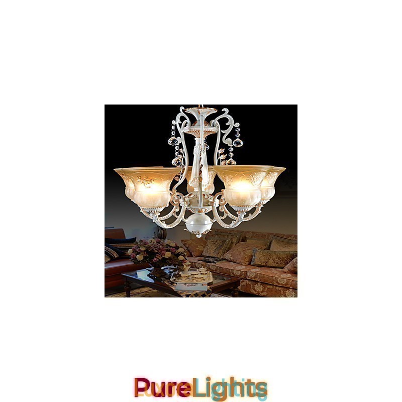 Designer Touch Decorative White Chandelier Five Lights Pattern Glass Shade Hand Gilt European Retro Classic