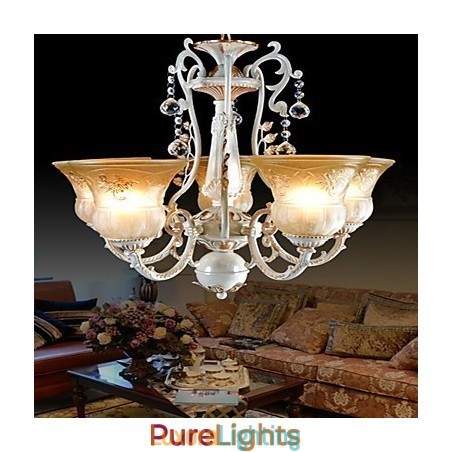 Designer Touch Decorative White Chandelier Five Lights Pattern Glass Shade Hand Gilt European Retro Classic
