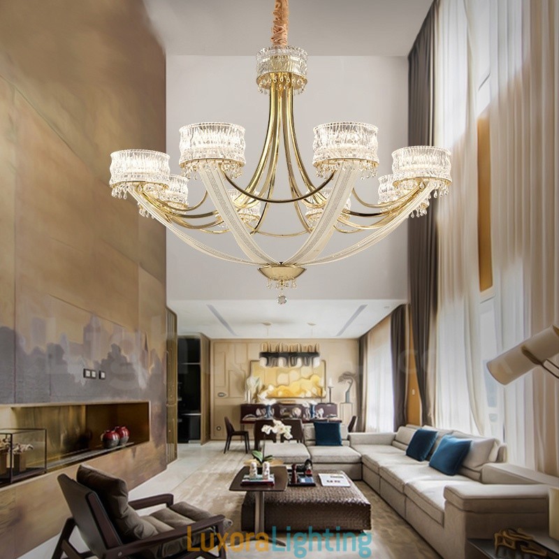Designer Touch Decorative Modern Contemporary 8 Light Steel Chandelier with Crystal Shade