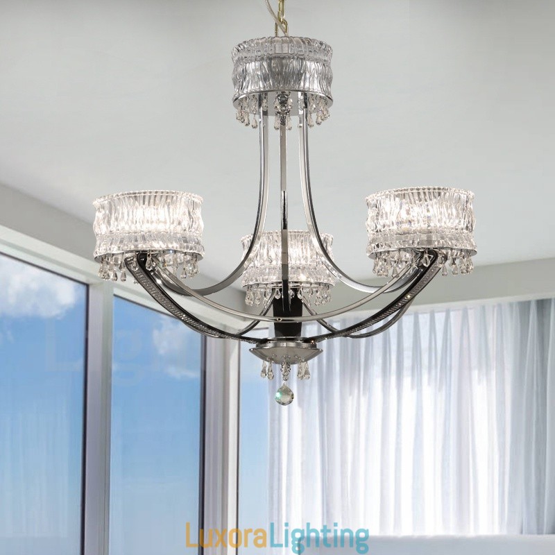 Designer Touch Decorative Modern Contemporary 3 Light Steel Chandelier with Crystal Shade