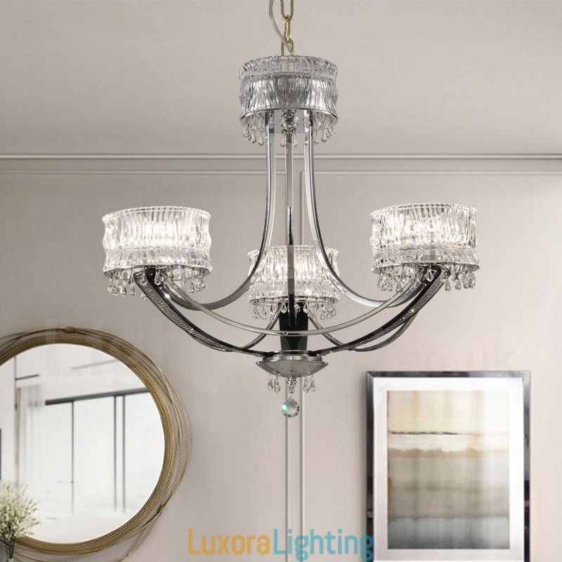 Designer Touch Decorative Modern Contemporary 3 Light Steel Chandelier with Crystal Shade
