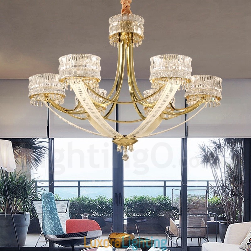 Designer Touch Decorative Modern Contemporary 6 Light Steel Chandelier with Crystal Shade