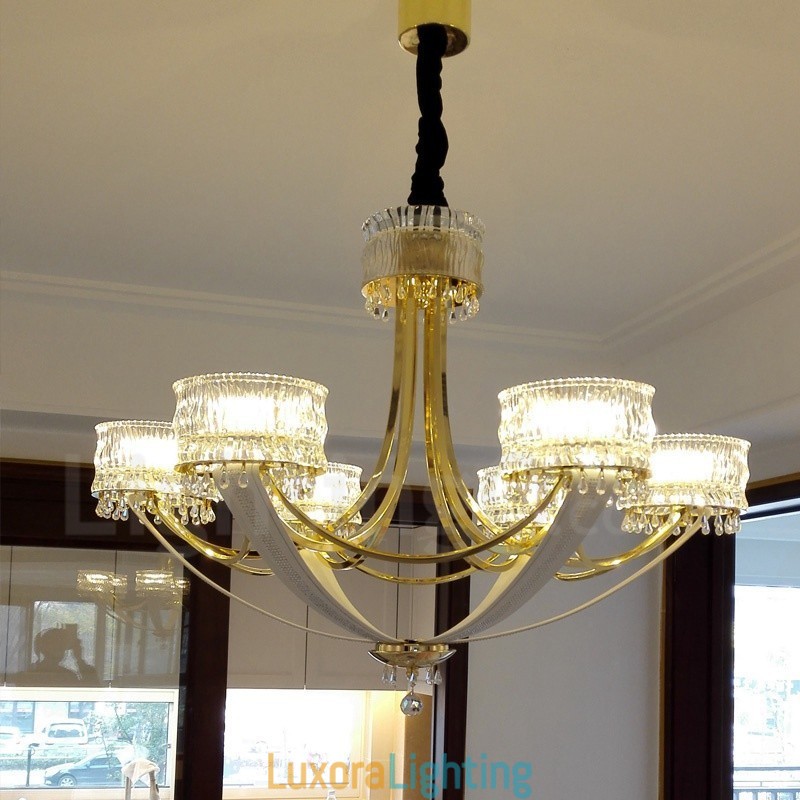 Designer Touch Decorative Modern Contemporary 6 Light Steel Chandelier with Crystal Shade