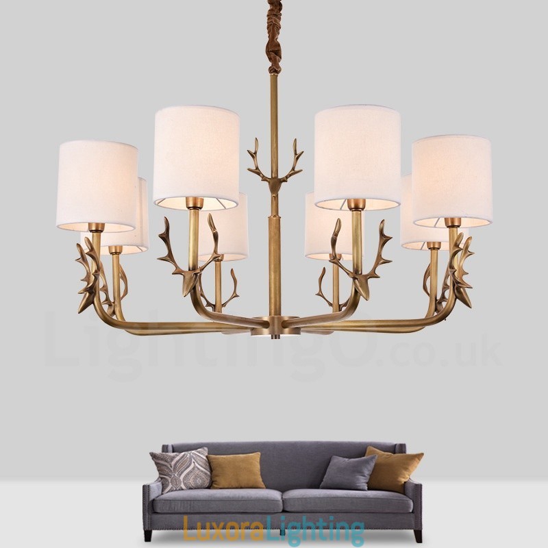 Designer Touch Decorative Rustic Lodge 8 Light Brass Chandelier with Fabric Shade