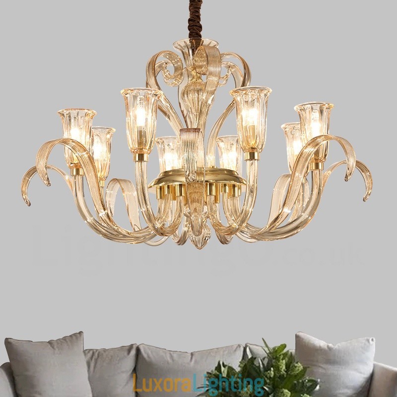 Designer Touch Decorative Modern Contemporary 8 Light Glass Chandelier with Glass Shade
