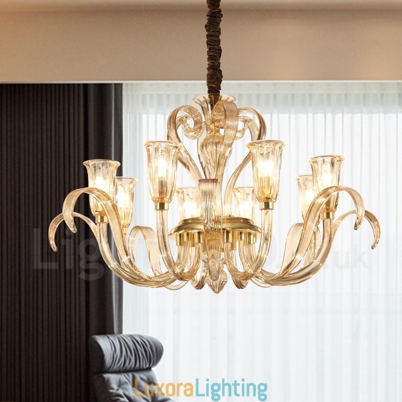 Designer Touch Decorative Modern Contemporary 8 Light Glass Chandelier with Glass Shade