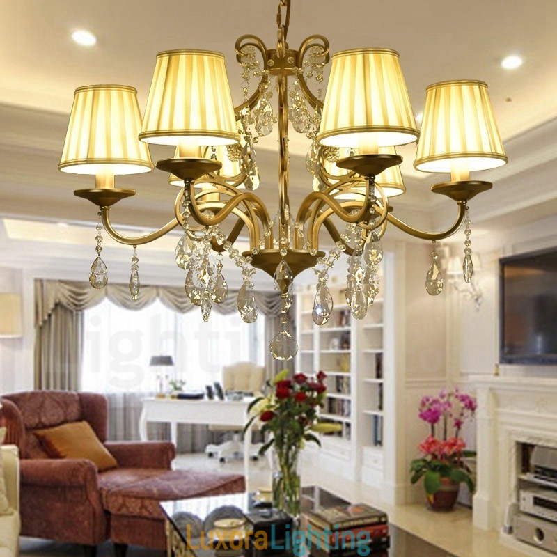 Designer Touch Decorative Rustic Lodge 8 Light Crystal Steel Chandelier with Fabric Shade