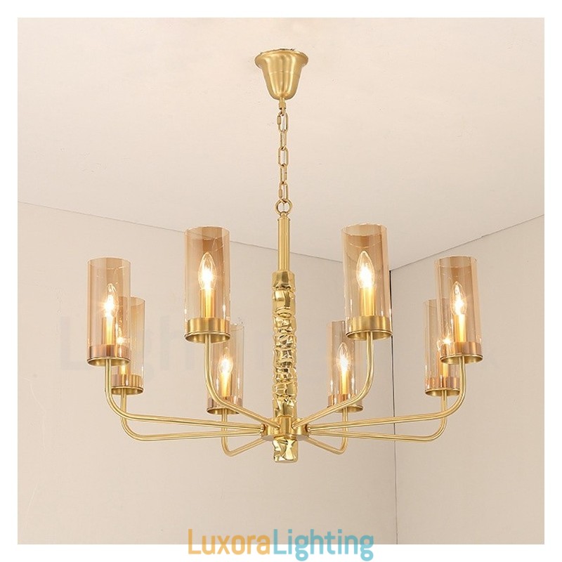 Designer Touch Decorative Modern Contemporary 8 Light Brass Chandelier with Glass Shade