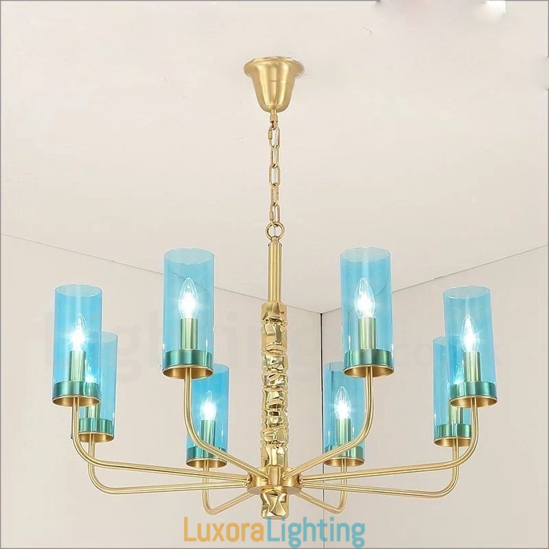 Designer Touch Decorative Modern Contemporary 8 Light Brass Chandelier with Glass Shade