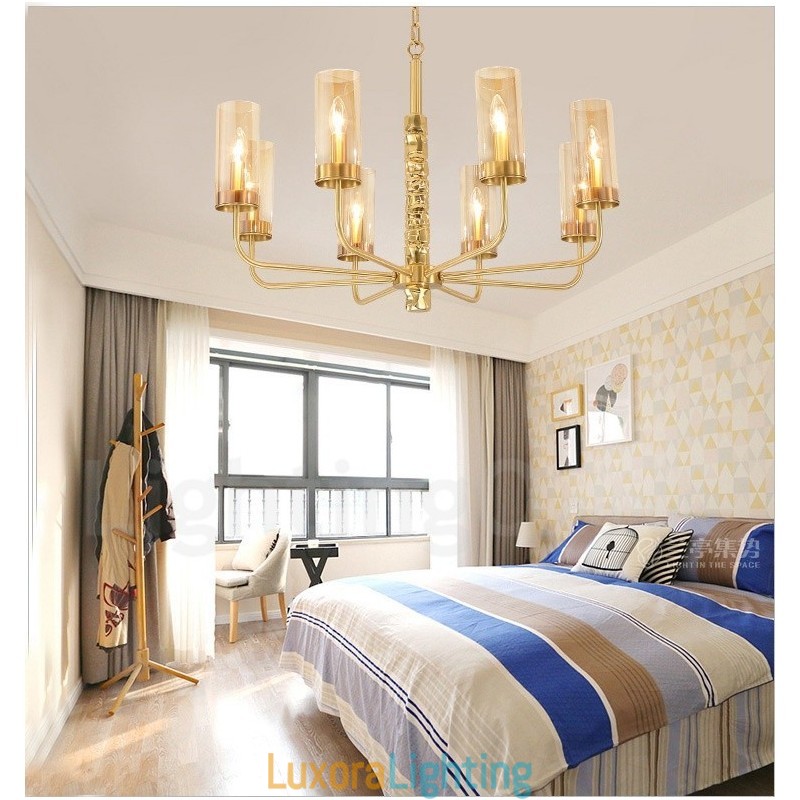 Designer Touch Decorative Modern Contemporary 8 Light Brass Chandelier with Glass Shade