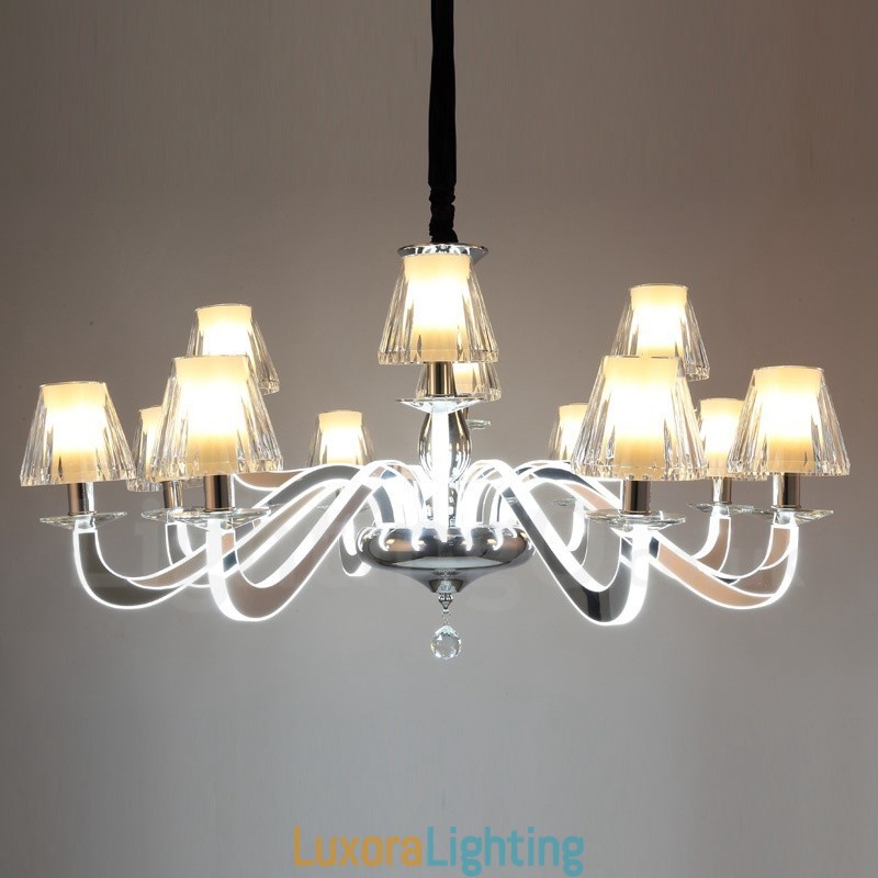 Designer Touch Decorative Dimmable Modern Contemporary 12 Light Steel Chandelier with Glass Shade