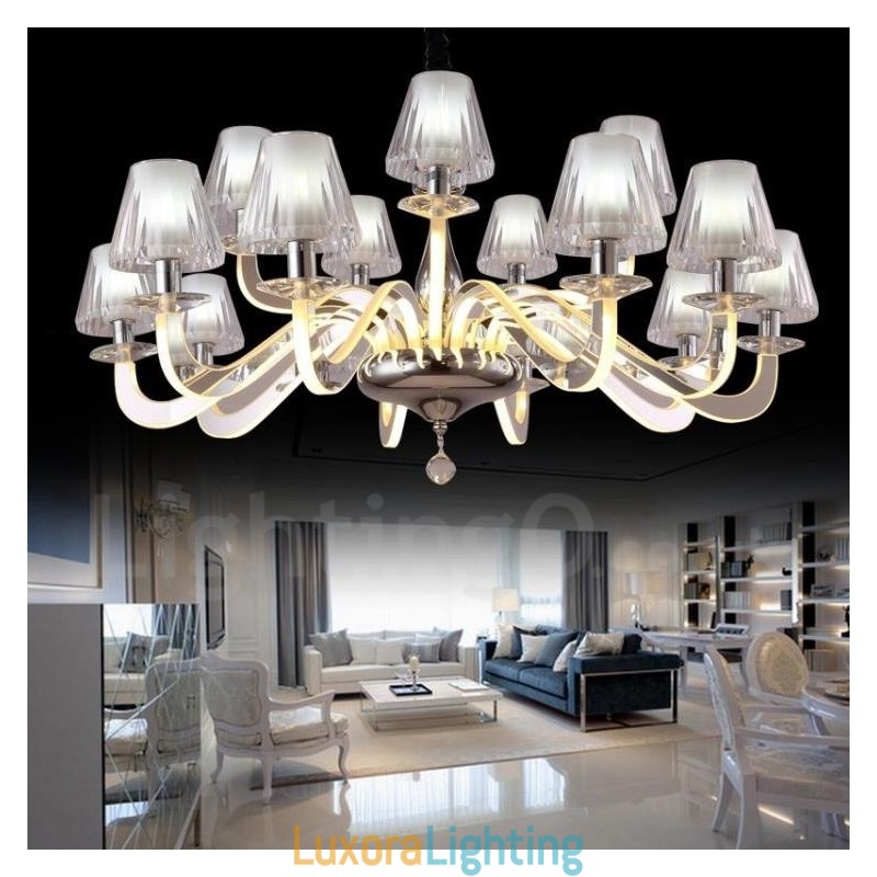 Designer Touch Decorative Dimmable Modern Contemporary 15 Light Steel Chandelier with Glass Shade