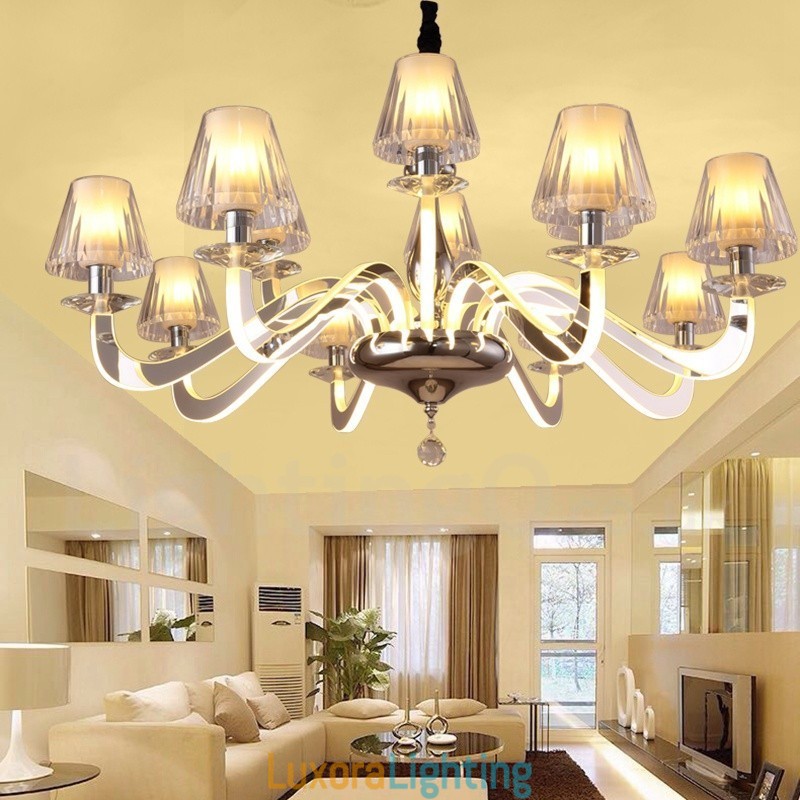 Designer Touch Decorative Dimmable Modern Contemporary 10 Light Steel Chandelier with Glass Shade