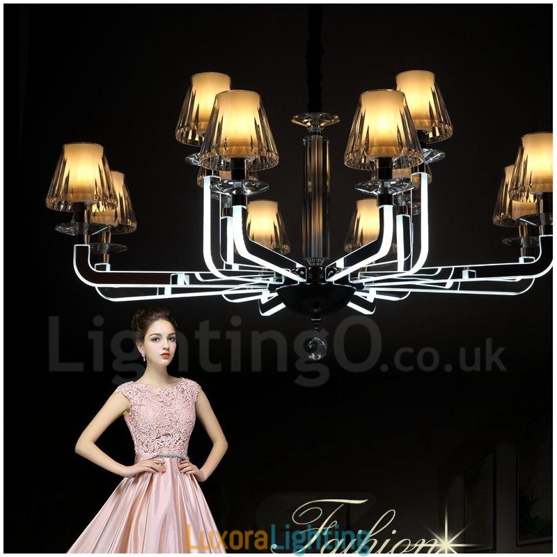 Designer Touch Decorative Dimmable Modern Contemporary 12 Light Crystal Chandelier with Glass Shade
