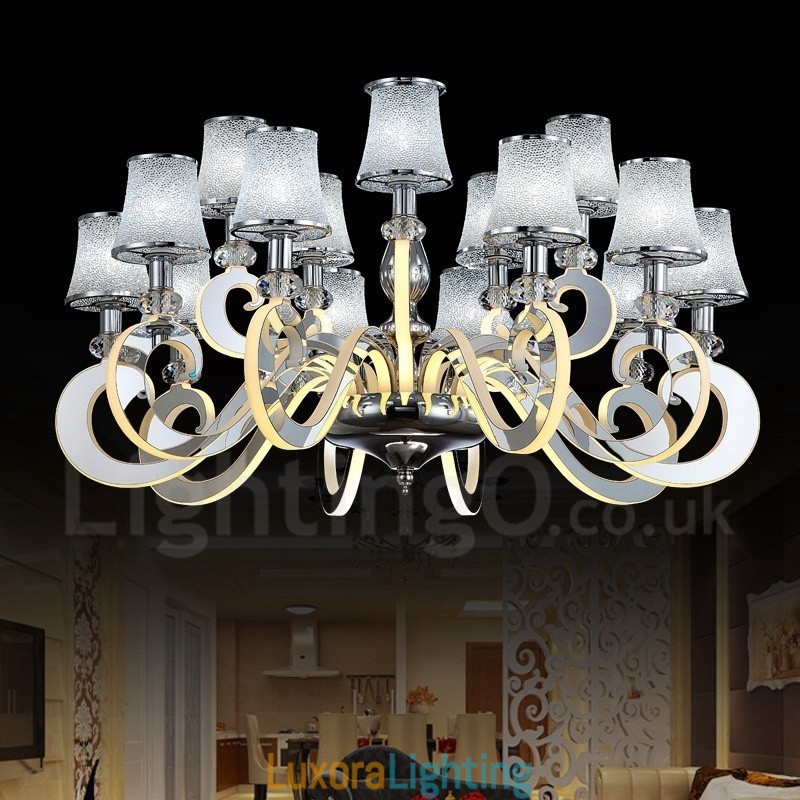 Designer Touch Decorative Dimmable Modern Contemporary 15 Light Steel Chandelier with Glass Shade