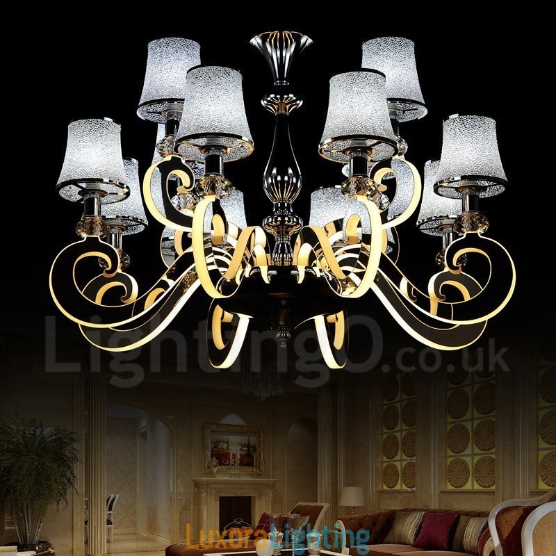 Designer Touch Decorative Dimmable Modern Contemporary 12 Light Steel Chandelier with Glass Shade