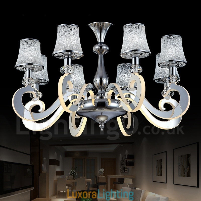 Designer Touch Decorative Dimmable Modern Contemporary 8 Light Steel Chandelier with Glass Shade