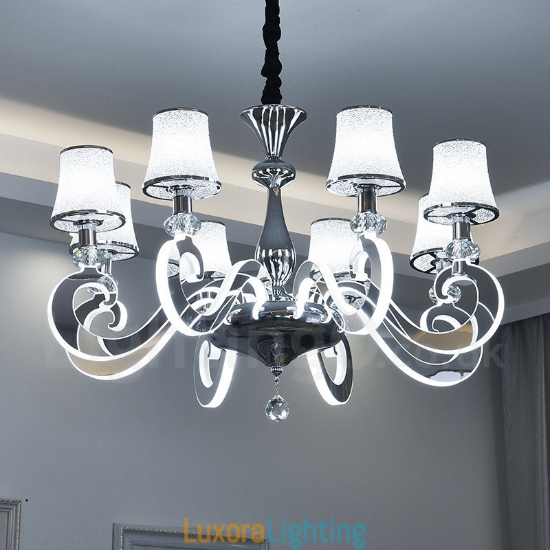 Designer Touch Decorative Dimmable Modern Contemporary 8 Light Steel Chandelier with Glass Shade
