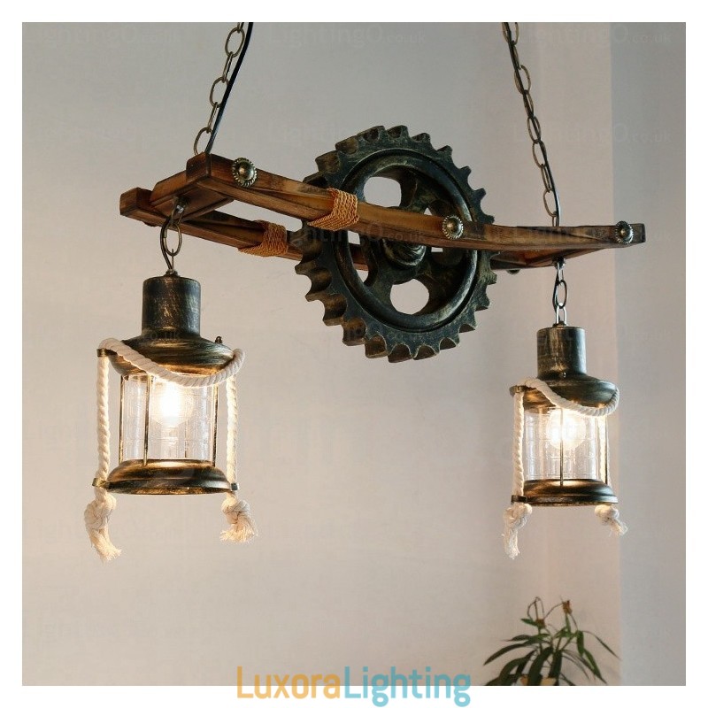 Designer Touch Decorative 2 Light Country Rustic Vintage Retro Pendant Light with Glass Shade