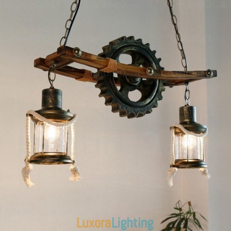 Designer Touch Decorative 2 Light Country Rustic Vintage Retro Pendant Light with Glass Shade