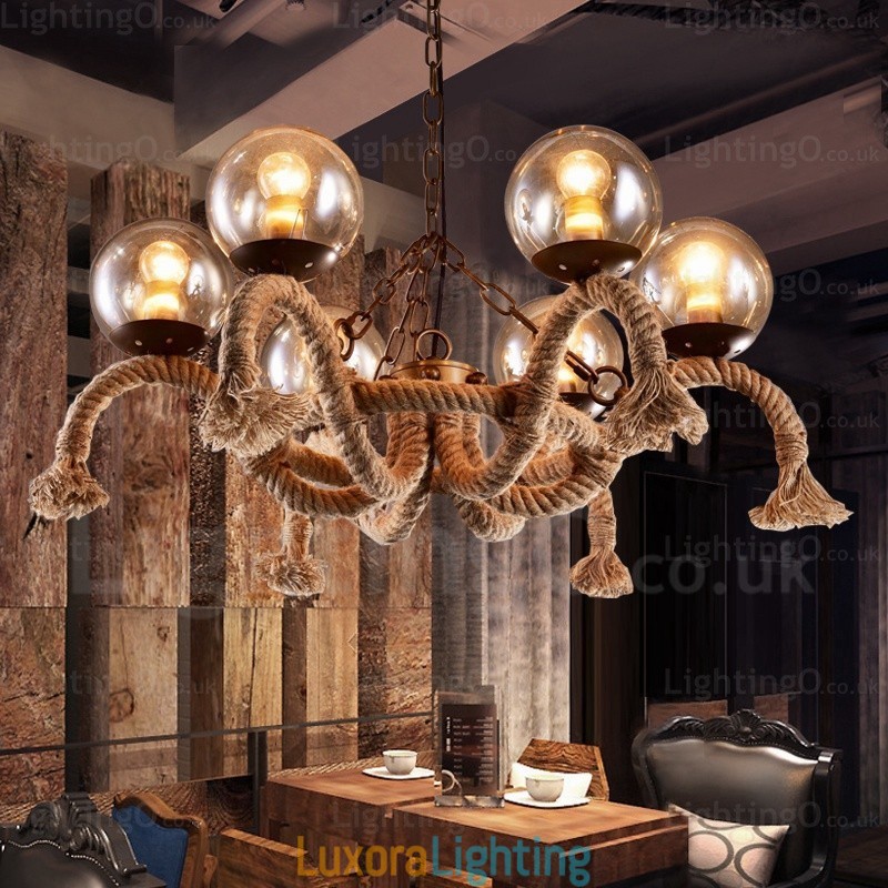 Designer Touch Decorative 6 Light Vintage Retro Pendant Light with Glass Shade