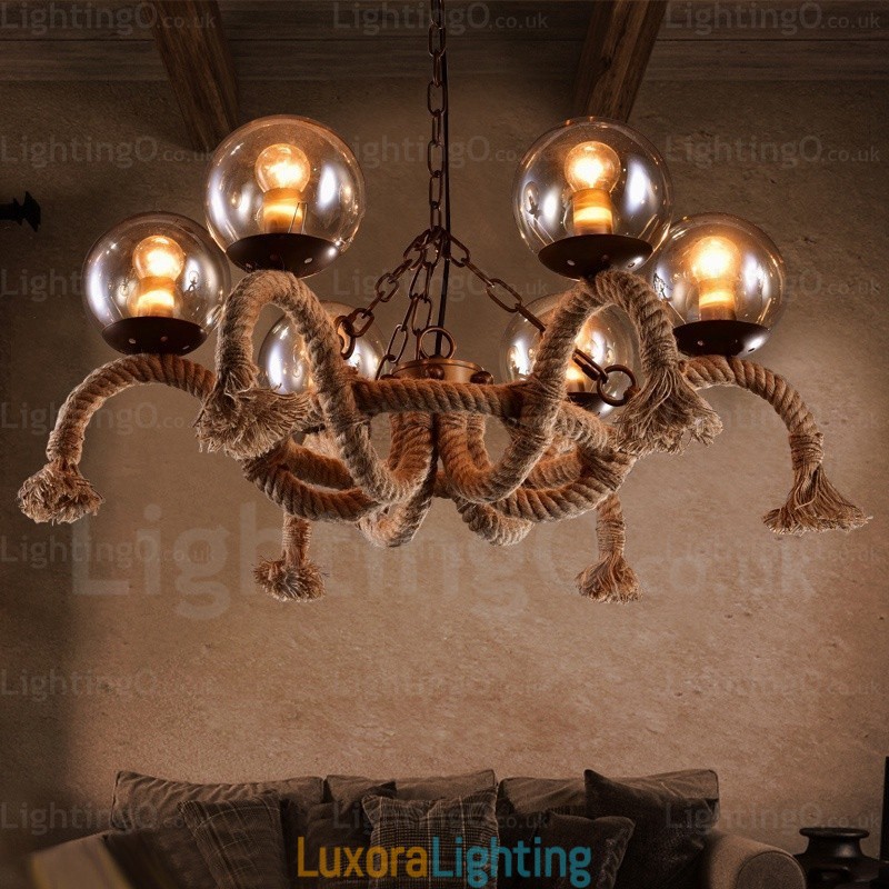 Designer Touch Decorative 6 Light Vintage Retro Pendant Light with Glass Shade