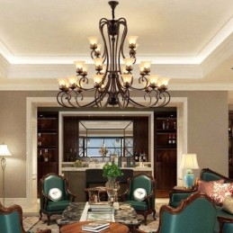 Designer Touch Decorative 24 Lights High Ceiling Vintage Country Island Painting Metal Chandelier with Glass Shades Hight Ceiling