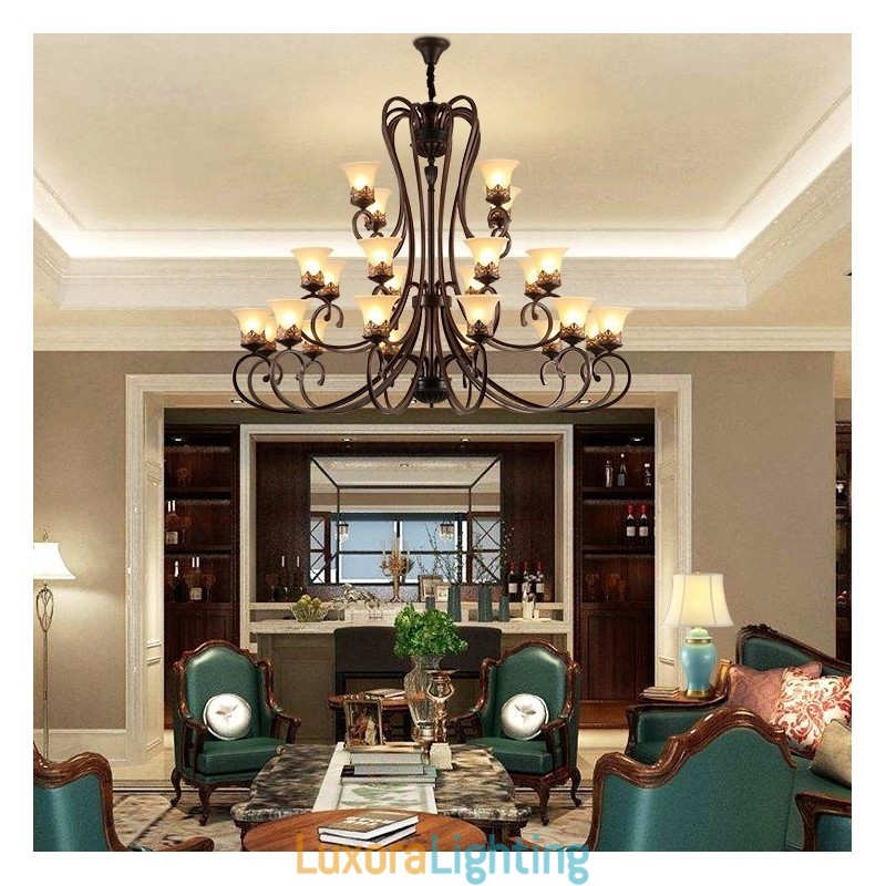 Designer Touch Decorative 24 Lights High Ceiling Vintage Country Island Painting Metal Chandelier with Glass Shades Hight Ceiling