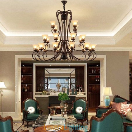 Designer Touch Decorative 24 Lights High Ceiling Vintage Country Island Painting Metal Chandelier with Glass Shades Hight Ceiling