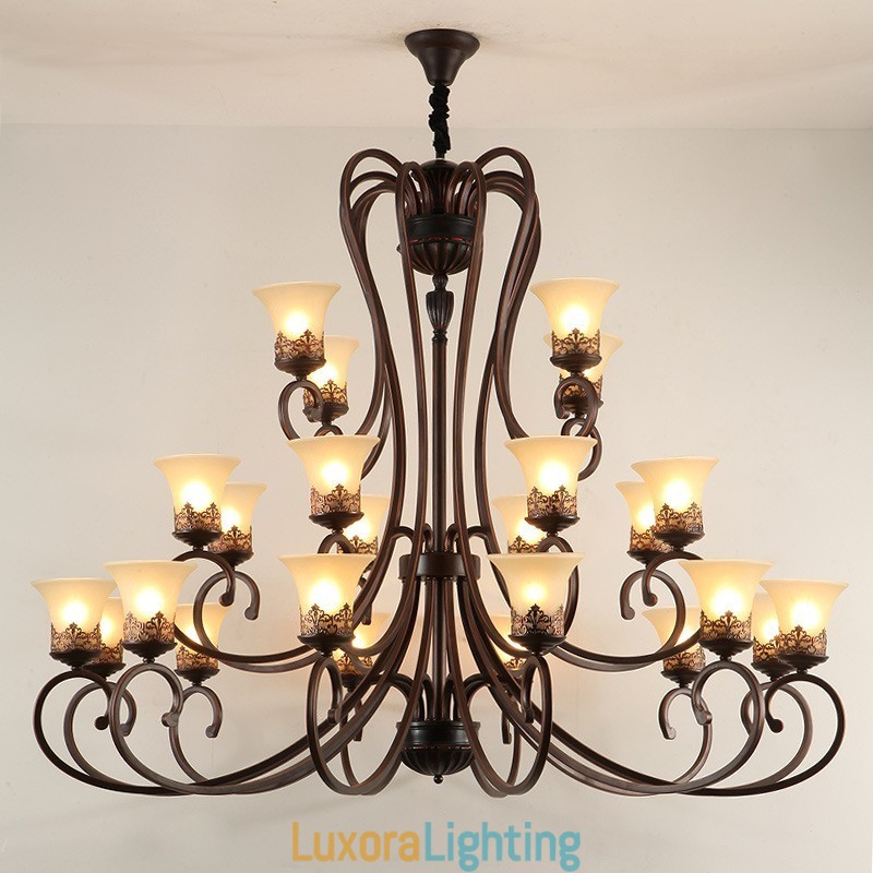 Designer Touch Decorative 24 Lights High Ceiling Vintage Country Island Painting Metal Chandelier with Glass Shades Hight Ceiling