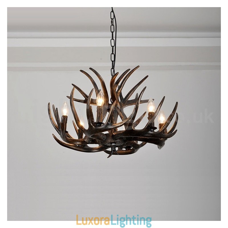 Designer Touch Decorative 6 Light Rustic Artistic Retro Antler Black Chandelier