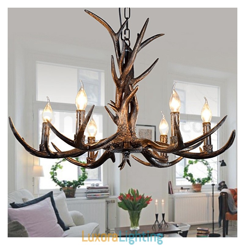 Designer Touch Decorative 6 Light Rustic Artistic Retro Antler Black Vintage Chandelier