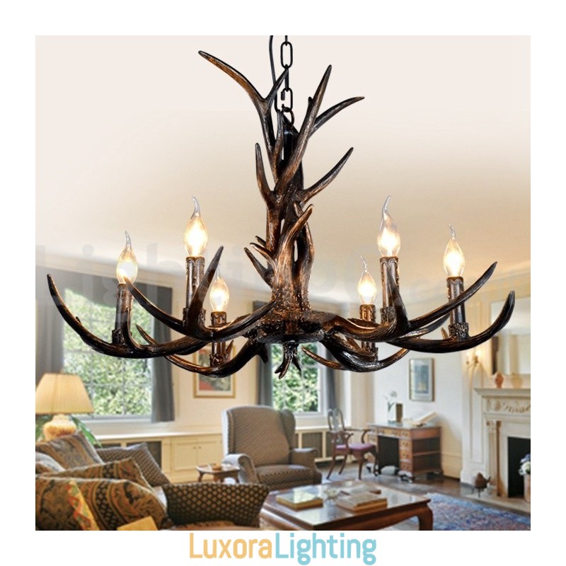 Designer Touch Decorative 6 Light Rustic Artistic Retro Antler Black Vintage Chandelier