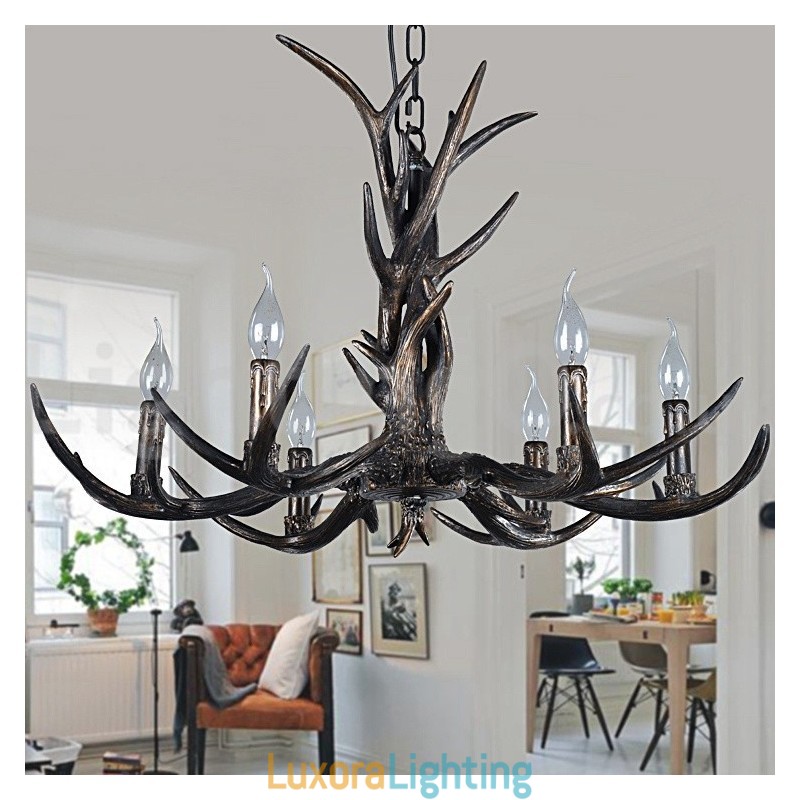 Designer Touch Decorative 6 Light Rustic Artistic Retro Antler Black Vintage Chandelier