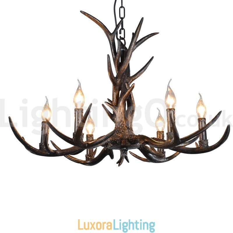 Designer Touch Decorative 6 Light Rustic Artistic Retro Antler Black Vintage Chandelier