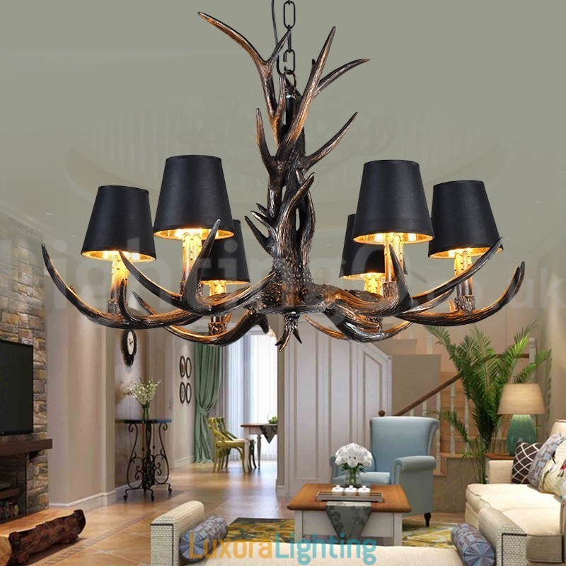 Designer Touch Decorative 6 Light Rustic Artistic Retro Antler Black Vintage Chandelier