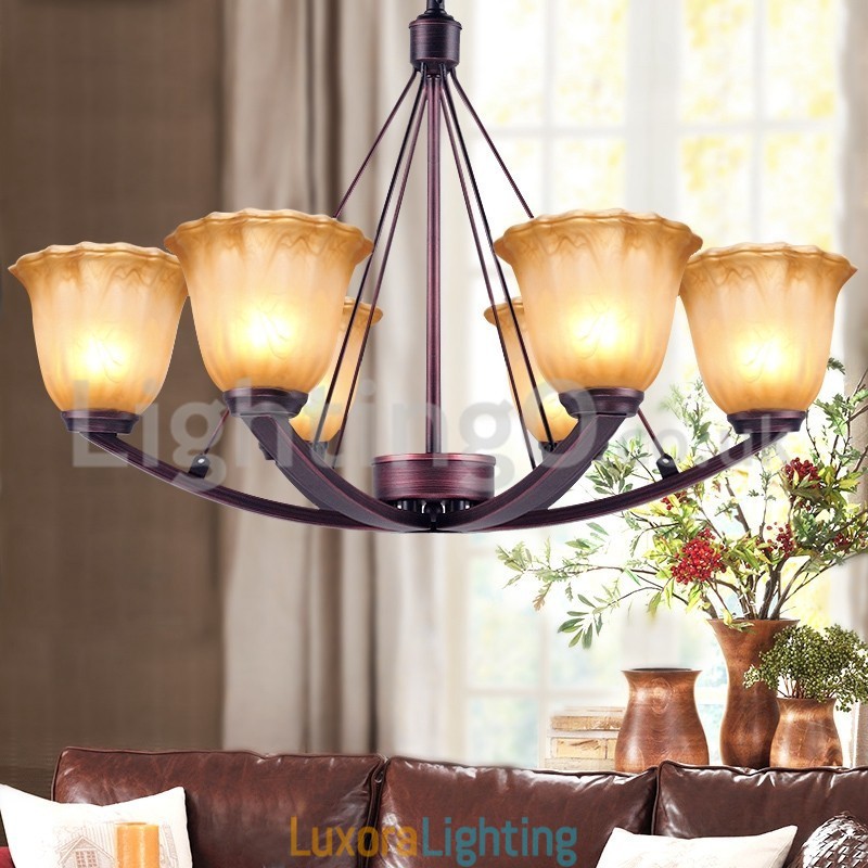Designer Touch Decorative Rustic 6 bulbs Glass Lamp shade Stainless Chandelier