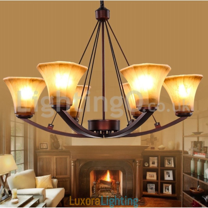 Designer Touch Decorative Rustic 6 bulbs Glass Lamp shade Stainless Chandelier
