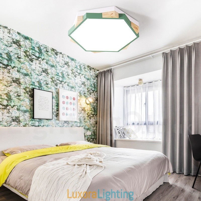 Designer Touch Decorative Dimmable Multi Colours Hexagon Wood Ceiling Light with Acrylic Shade Ceiling Lamp Nordic Style