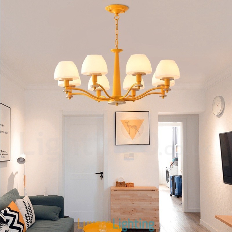 Designer Touch Decorative 6 Light 8 Light Multi Colours Macaron Wood Pendant Light with Glass Shades Chandelier Nordic Style