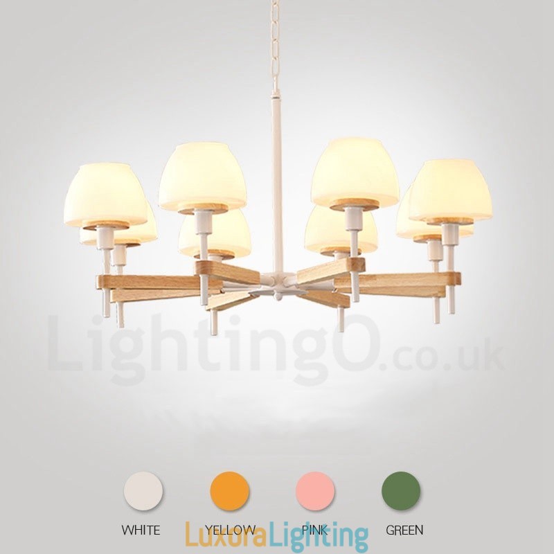 Designer Touch Decorative 6 Light 8 Light Multi Colours Macaron Wood Pendant Light with Glass Shades Chandelier Nordic Style