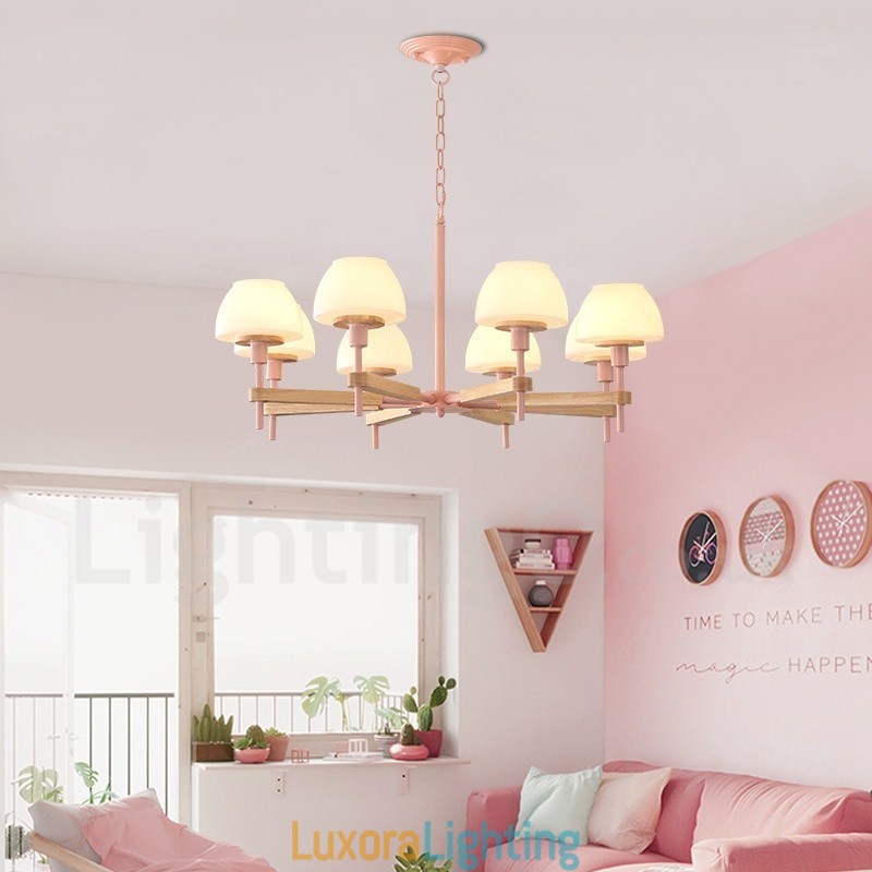 Designer Touch Decorative 6 Light 8 Light Multi Colours Macaron Wood Pendant Light with Glass Shades Chandelier Nordic Style