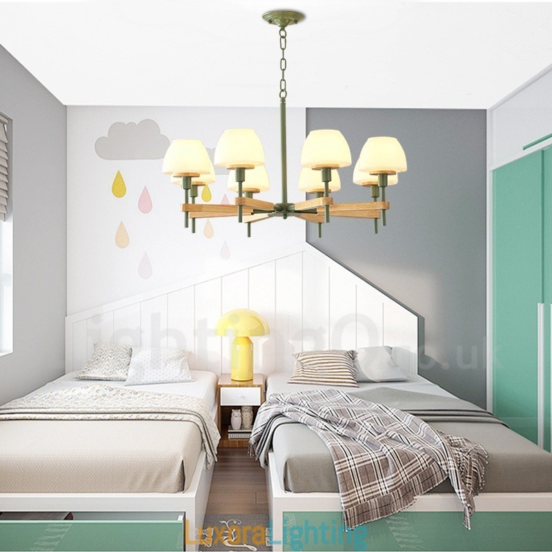 Designer Touch Decorative 6 Light 8 Light Multi Colours Macaron Wood Pendant Light with Glass Shades Chandelier Nordic Style