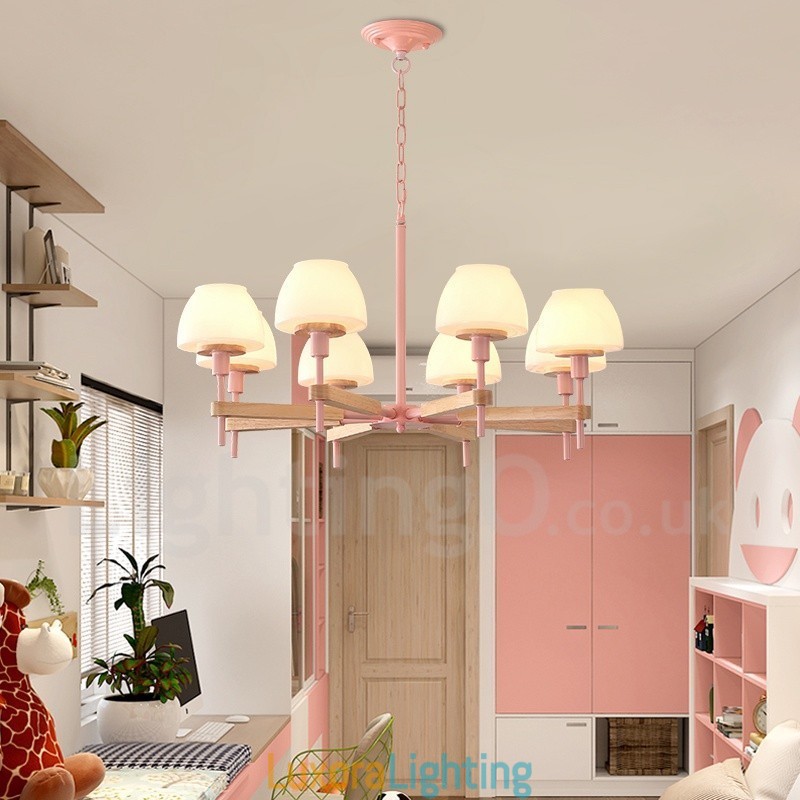 Designer Touch Decorative 6 Light 8 Light Multi Colours Macaron Wood Pendant Light with Glass Shades Chandelier Nordic Style