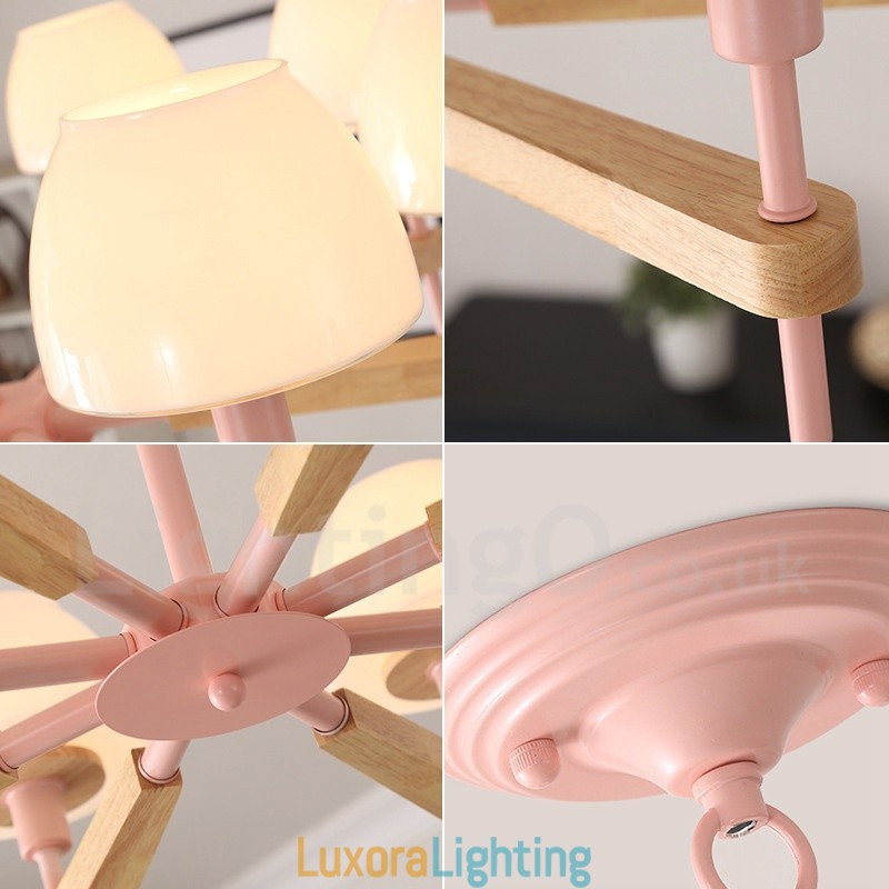 Designer Touch Decorative 6 Light 8 Light Multi Colours Macaron Wood Pendant Light with Glass Shades Chandelier Nordic Style