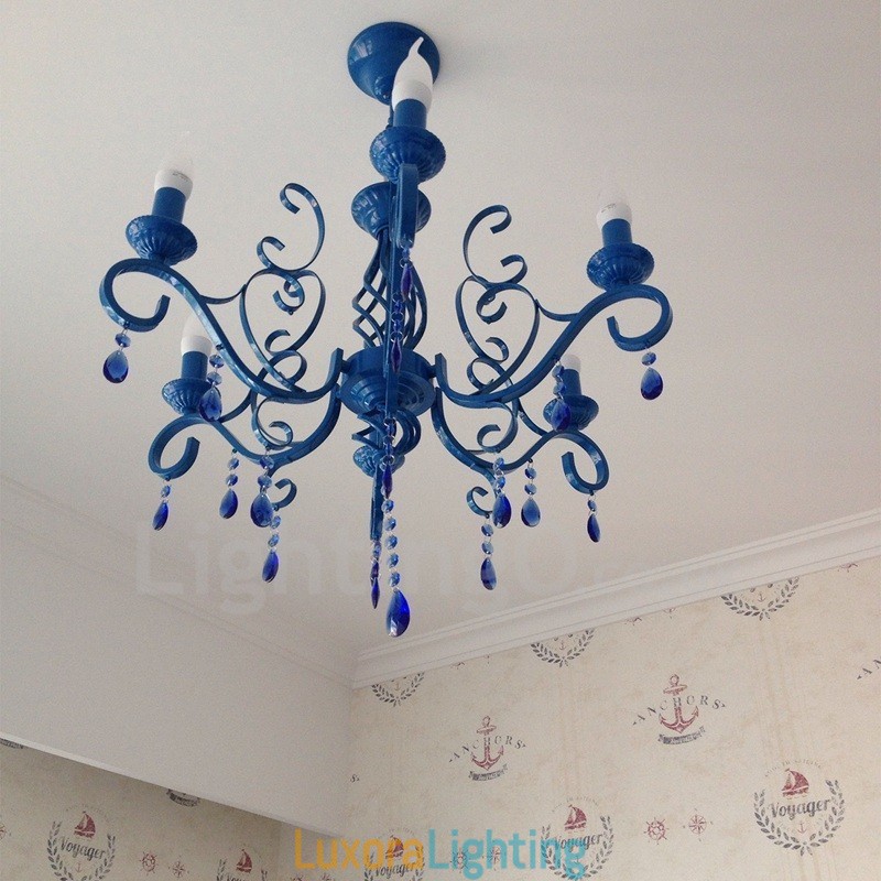 Designer Touch Decorative 6 Light Crystal Rustic Retro Vintage Black White Blue Pendant Candle Chandelier
