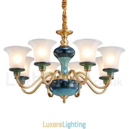 Designer Touch Decorative Retro Vintage Brass Ceramics Pendant Candle Chandelier with Glass Shades