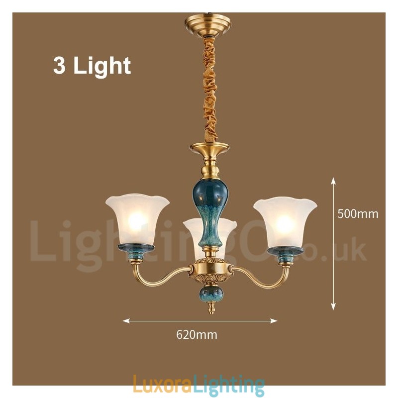 Designer Touch Decorative Retro Vintage Brass Ceramics Pendant Candle Chandelier with Glass Shades