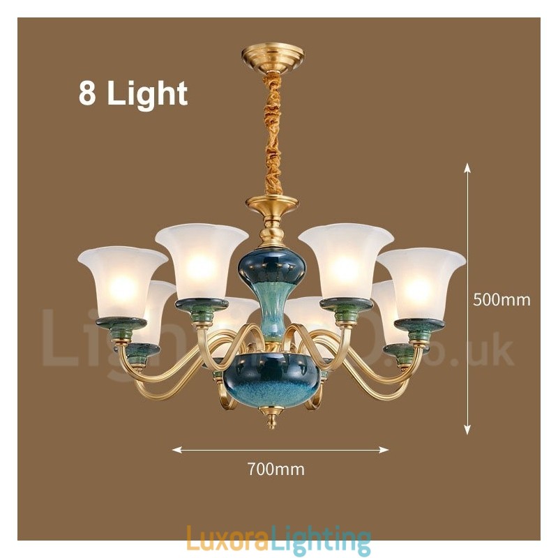 Designer Touch Decorative Retro Vintage Brass Ceramics Pendant Candle Chandelier with Glass Shades