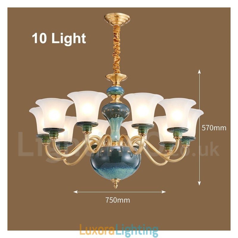 Designer Touch Decorative Retro Vintage Brass Ceramics Pendant Candle Chandelier with Glass Shades